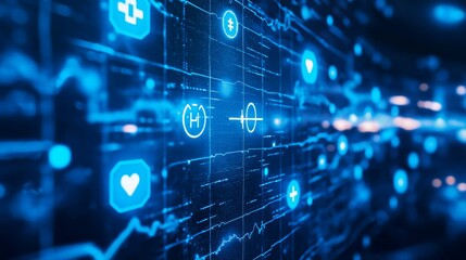 Abstract background featuring virtual healthcare symbols in a blue digital space, emphasizing medical technology themes