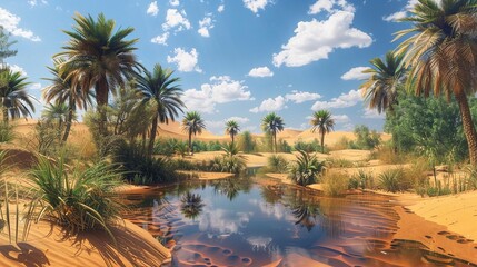 Oasis in the vast desert, highlighted by palm trees and a clear water body.