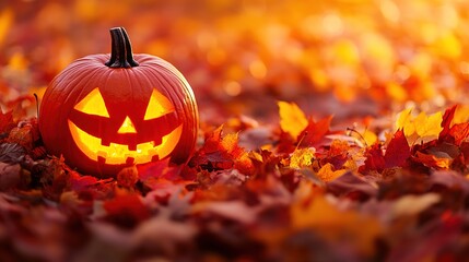 A Halloween jack-o'-lantern surrounded by autumn leaves, creating a cozy, spooky atmosphere.