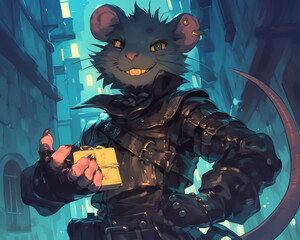 mouse beastfolk holding a package and smiling confidently in a city alley while wearing dark armor and standing tall