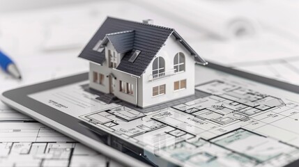 House Model on Tablet with Blueprint