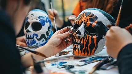 A Halloween mask making workshop, with people crafting and painting their own designs.