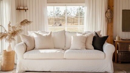 Fototapeta premium A comfortable living room featuring a white couch decorated with plush pillows.