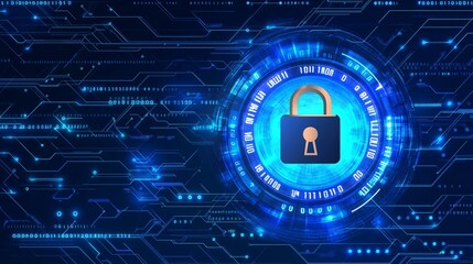 Cybersecurity concept featuring a lock icon over a binary code background in a flat design