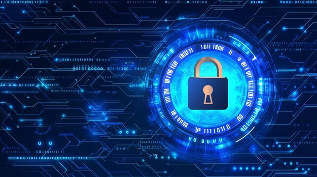 Cybersecurity concept featuring a lock icon over a binary code background in a flat design