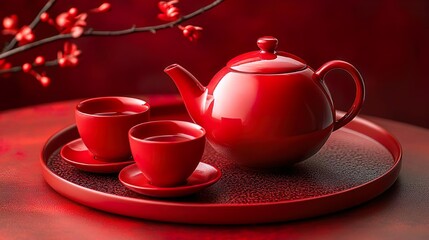 Fototapeta premium A vibrant red tea set consists of a large elegantly curved teapot with matching tea cups and saucers