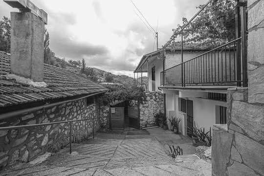 Street and house view of Phini (Foini), a picturesque, natural beauty mountainous village, of natural beauty, in the Troodos Mountains, located near by the town of Platres, Limassol district, Cyprus