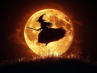 Halloween. Witch flying on a broomstick across a full moon