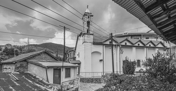 Street and house view of Phini (Foini), a picturesque, natural beauty mountainous village, of natural beauty, in the Troodos Mountains, located near by the town of Platres, Limassol district, Cyprus