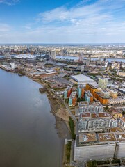 The drone aerial view of Greenwich Peninsula and River Thames.　The Greenwich Peninsula is an area...