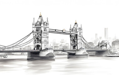 A black and white drawing of a bridge with a boat in the water.