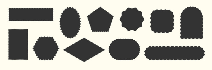 Collection of Black empty Tag Label Stamp mark Badge. Geometric shapes with wavy zigzag squiggly edge. Scalloped frame icon. Rectangle Ellipse silhouette Box. Simple figure for design