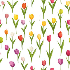 Flat design seamless pattern with tulips. White Background