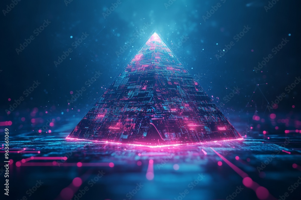 Poster a mesmerizing 3d neon pyramid symbolizes advanced data analysis and technology, making it perfect fo