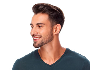 Fototapeta premium Handsome man, Happy guy, close-up, looking left, white background.