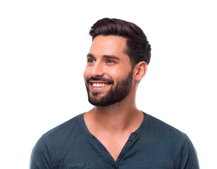 Obraz premium Handsome man, Happy guy, close-up, looking left, white background.