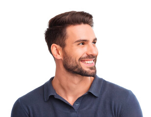 Obraz premium Handsome man, Happy guy, close-up, looking right, white background.