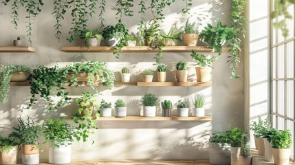 Nordic-inspired room with greenery in stylish pots on shelves. Contemporary floral home garden theme. Appreciation for nature.