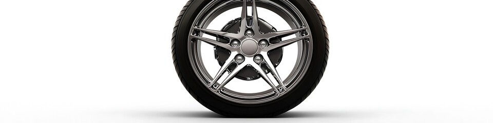 Obraz premium A car tire mounted on a stylish five-spoke wheel, shown in detail against a white backdrop.