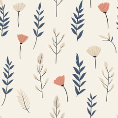 Line art doodles of leaves, boho style pattern, seamless repeating background. Pastel colors