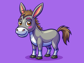 cartoon vector illustration of funny donkey, purple isolated background, countryside farm life