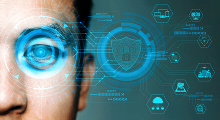 Future cyber security data protection by biometrics scanning with human eye to unlock and give access to private digital data. Futuristic technology innovation concept. uds