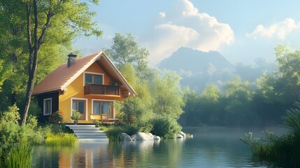 Fototapeta premium Concept of a house in a green environment with nature break picture