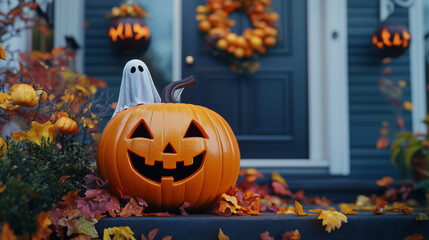 Obraz premium Colorful and Friendly Halloween Decorations in a Front Yard, Featuring a Smiling Pumpkin and Sorcerer Ghosts for a Fun and Seasonal Celebration