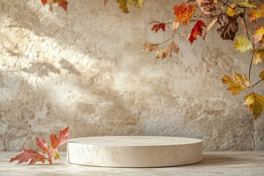 An elegantly designed, empty podium for displaying products, adorned with colorful fall leaves and set against a beige stone wall, is ideal for autumnthemed showcases and marketing efforts