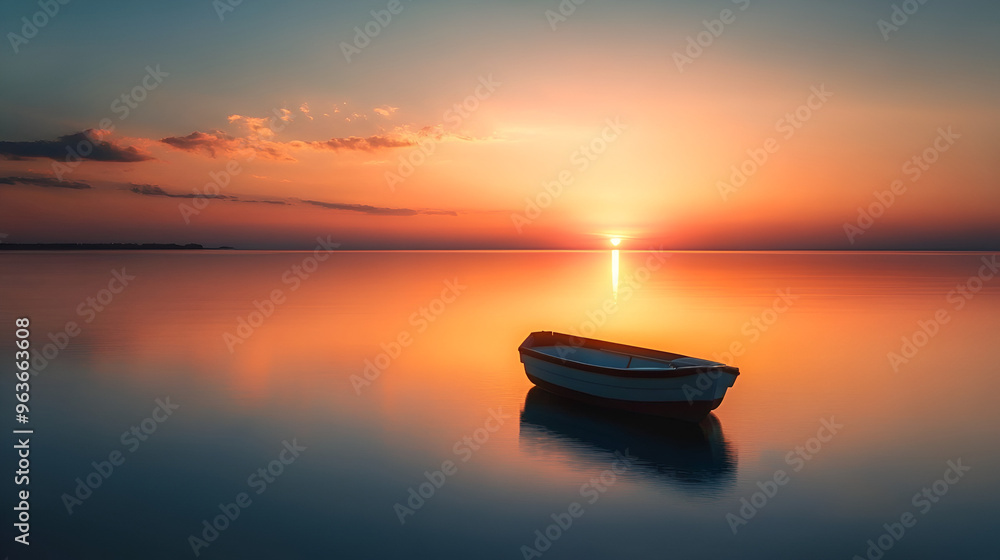 Sticker boat on the lake with sunset in the background