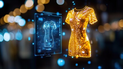 a photostock image of a stylish jumpsuit displayed in augmented reality, with fabric details, color options, and customization features in a virtual fitting room,