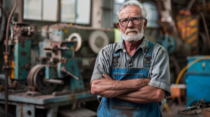  Older man in a car repair shop, surrounded by tools and machinery. Dressed in work clothes, he stands confidently amid the industrial setting.