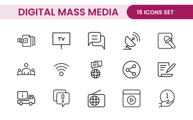 Mass media outline vector icons large set isolated on white background. media business concept. Media outline icons set.