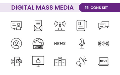 Mass media outline vector icons large set isolated on white background. media business concept. Media outline icons set.