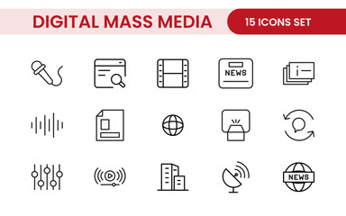 Mass media outline vector icons large set isolated on white background. media business concept. Media outline icons set.
