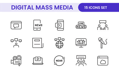 Mass media outline vector icons large set isolated on white background. media business concept. Media outline icons set.
