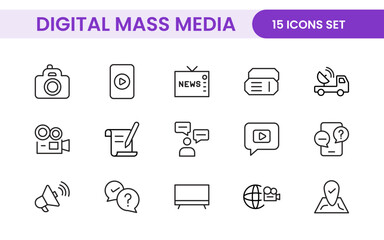 Mass media outline vector icons large set isolated on white background. media business concept. Media outline icons set.