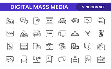 Mass media outline vector icons large set isolated on white background. media business concept. Media outline icons set.