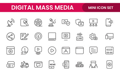 Mass media outline vector icons large set isolated on white background. media business concept. Media outline icons set.
