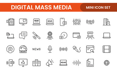 Mass media outline vector icons large set isolated on white background. media business concept. Media outline icons set.