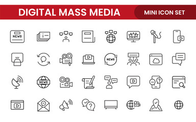 Mass media outline vector icons large set isolated on white background. media business concept. Media outline icons set.