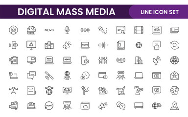 Mass media outline vector icons large set isolated on white background. media business concept. Media outline icons set.