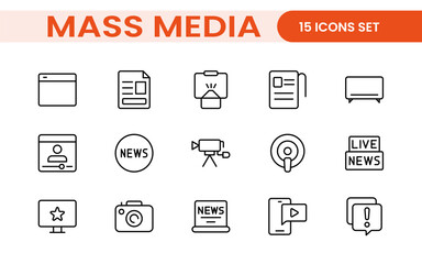 Mass media outline vector icons large set isolated on white background. media business concept. Media outline icons set.