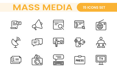 Mass media outline vector icons large set isolated on white background. media business concept. Media outline icons set.