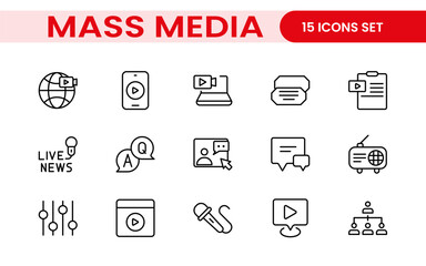 Mass media outline vector icons large set isolated on white background. media business concept. Media outline icons set.