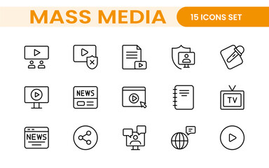 Mass media outline vector icons large set isolated on white background. media business concept. Media outline icons set.