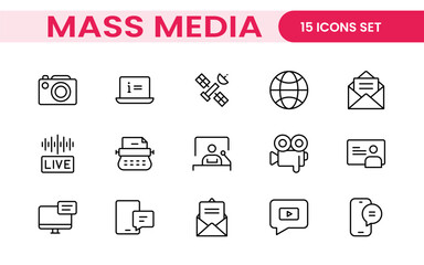 Mass media outline vector icons large set isolated on white background. media business concept. Media outline icons set.