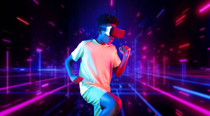 African man wearing VR headset while exercising at an abstract background with glowing pink and blue color. Attractive male model playing fitness while wearing white shirt. Technology. Ingenuity.