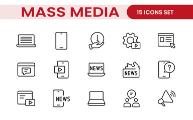 Mass media outline vector icons large set isolated on white background. media business concept. Media outline icons set.