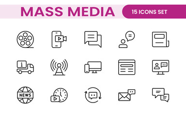 Mass media outline vector icons large set isolated on white background. media business concept. Media outline icons set.